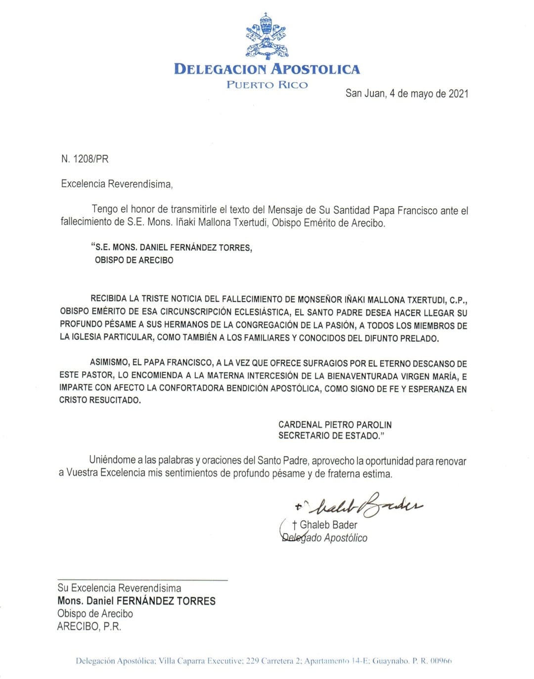 Expresa sus condolencias el Papa por la muerte del Obispo Iñaki